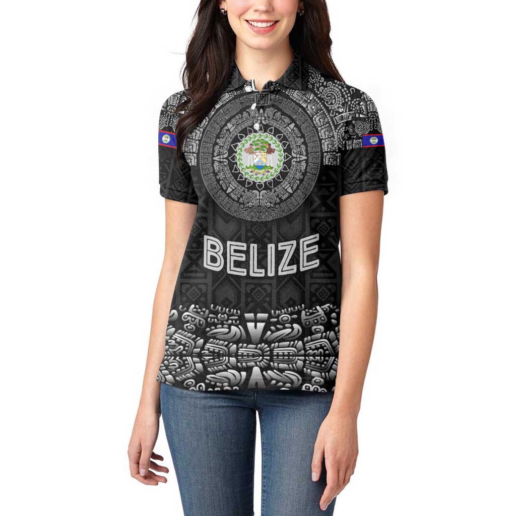 Belize Tribal Pattern Women Polo Shirt with National Emblem and Mayan Pyramid Design
