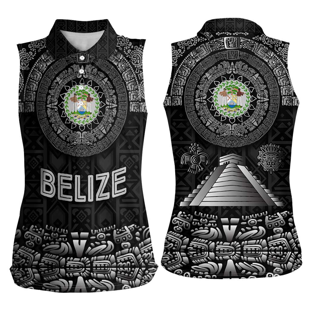 Belize Tribal Pattern Women Sleeveless Polo Shirt with National Emblem and Mayan Pyramid Design