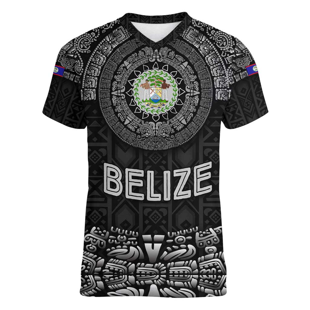 Belize Tribal Pattern Women V-Neck T-Shirt with National Emblem and Mayan Pyramid Design