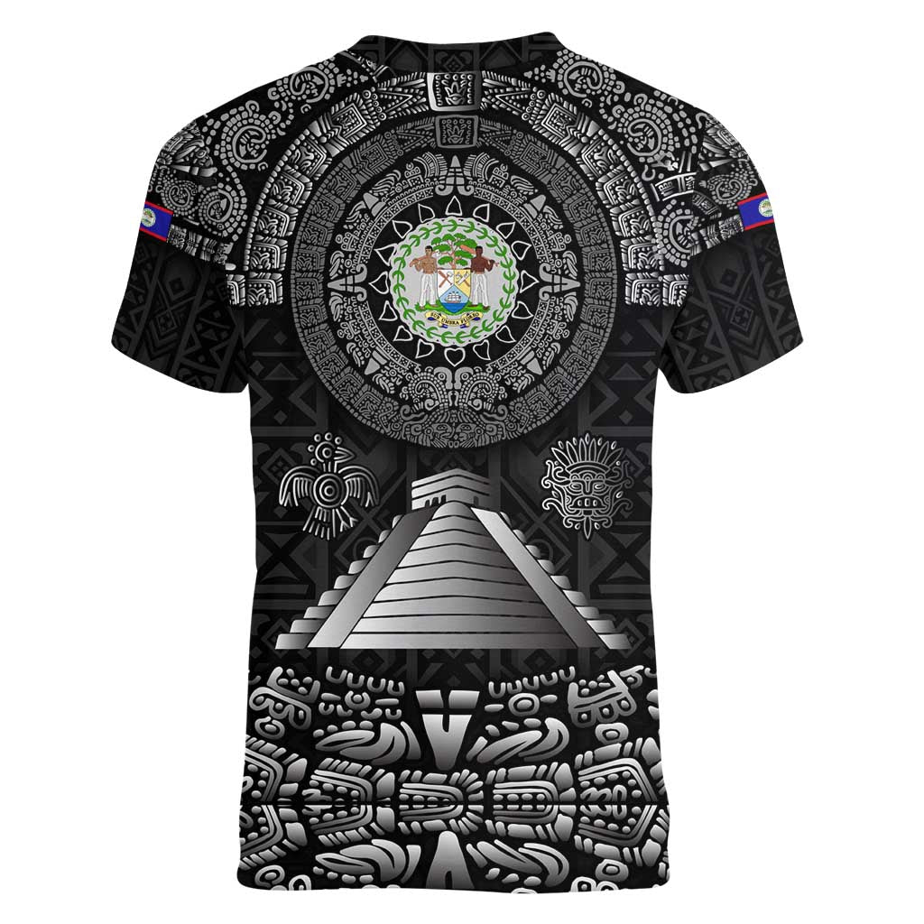 Belize Tribal Pattern Women V-Neck T-Shirt with National Emblem and Mayan Pyramid Design
