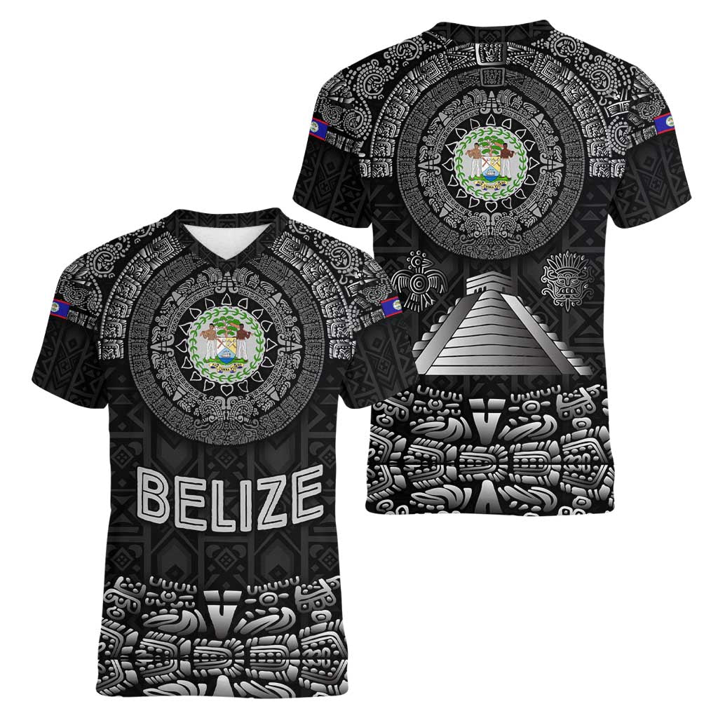 Belize Tribal Pattern Women V-Neck T-Shirt with National Emblem and Mayan Pyramid Design