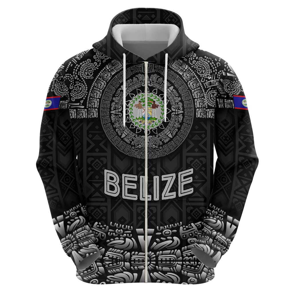 Belize Tribal Pattern Zip Hoodie with National Emblem and Mayan Pyramid Design