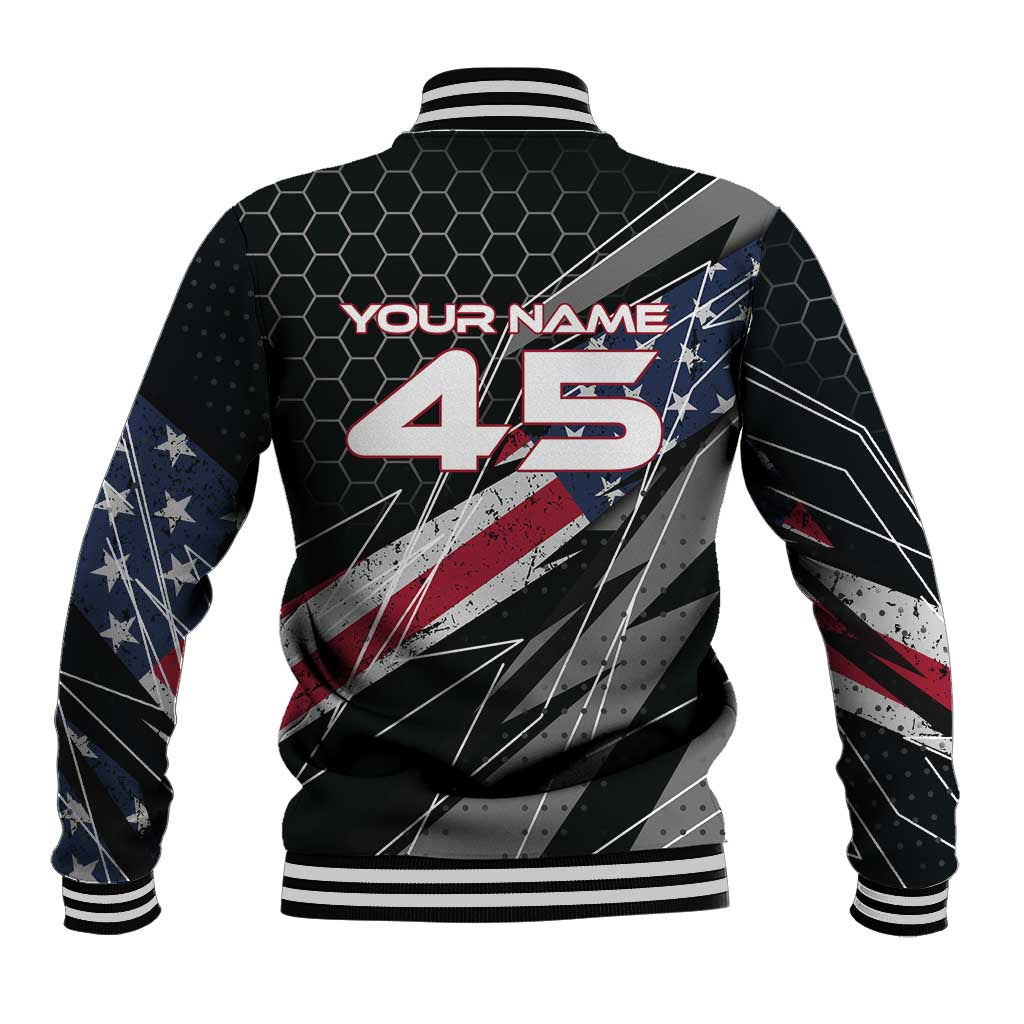 Custom American Flag Racing Baseball Jacket Dirt Bike Motocross Racewear Hexagon and Lightning - Wonder Print Shop