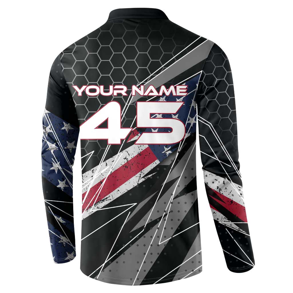 Custom American Flag Racing Button Sweatshirt Dirt Bike Motocross Racewear Hexagon and Lightning - Wonder Print Shop