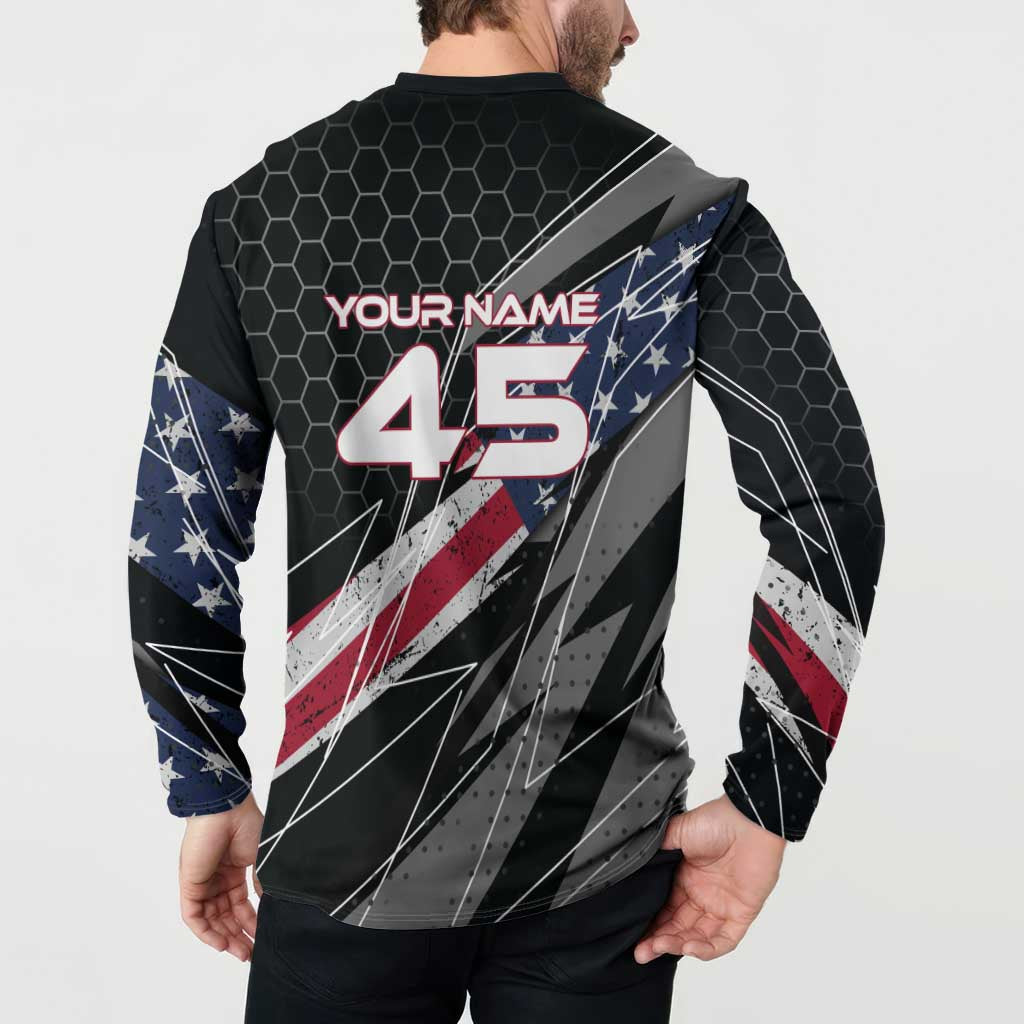 Custom American Flag Racing Button Sweatshirt Dirt Bike Motocross Racewear Hexagon and Lightning - Wonder Print Shop
