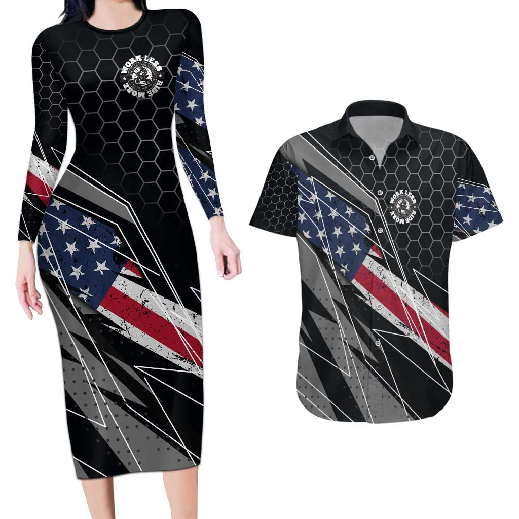 Custom American Flag Racing Couples Matching Long Sleeve Bodycon Dress and Hawaiian Shirt Dirt Bike Motocross Racewear Hexagon and Lightning - Wonder Print Shop