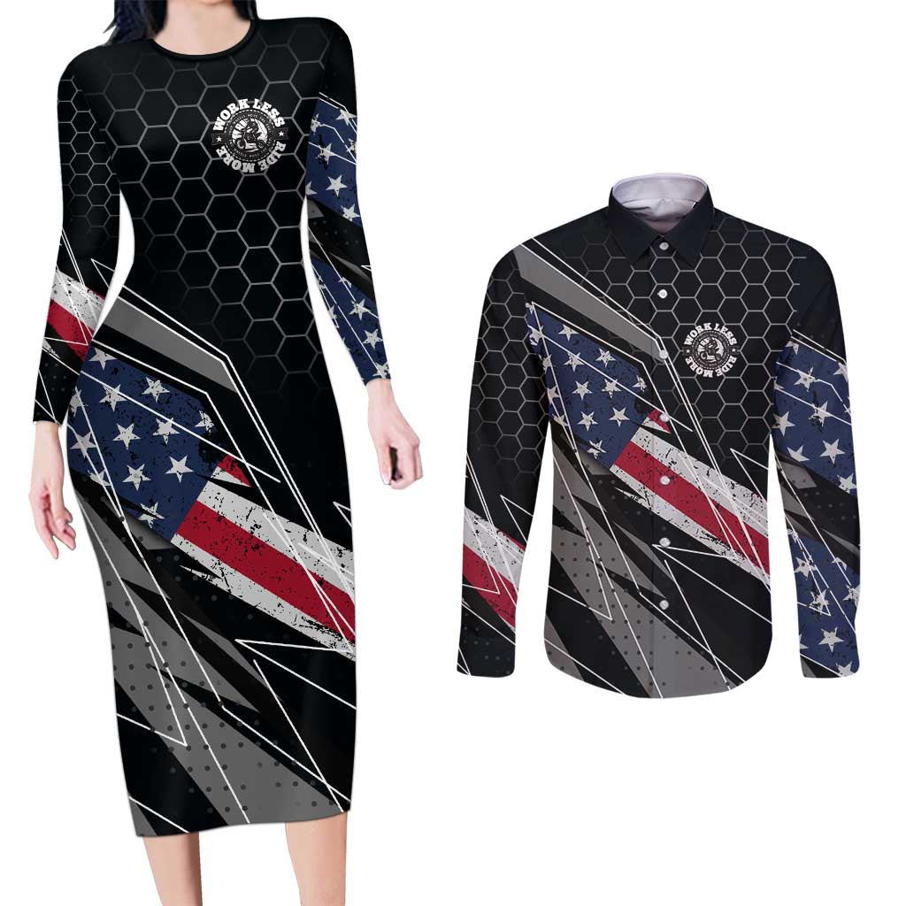 Custom American Flag Racing Couples Matching Long Sleeve Bodycon Dress and Long Sleeve Button Shirt Dirt Bike Motocross Racewear Hexagon and Lightning - Wonder Print Shop
