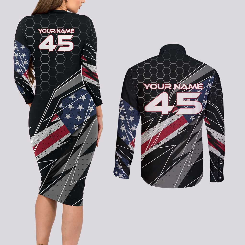 Custom American Flag Racing Couples Matching Long Sleeve Bodycon Dress and Long Sleeve Button Shirt Dirt Bike Motocross Racewear Hexagon and Lightning - Wonder Print Shop