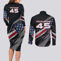 Custom American Flag Racing Couples Matching Long Sleeve Bodycon Dress and Long Sleeve Button Shirt Dirt Bike Motocross Racewear Hexagon and Lightning - Wonder Print Shop