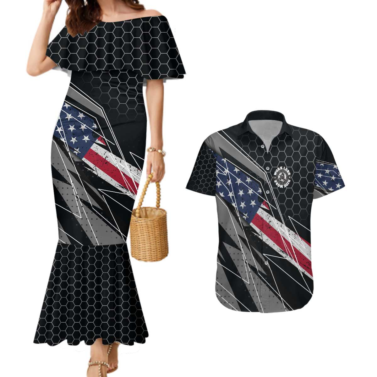 Custom American Flag Racing Couples Matching Mermaid Dress and Hawaiian Shirt Dirt Bike Motocross Racewear Hexagon and Lightning - Wonder Print Shop