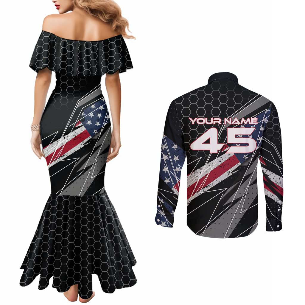 Custom American Flag Racing Couples Matching Mermaid Dress and Long Sleeve Button Shirt Dirt Bike Motocross Racewear Hexagon and Lightning - Wonder Print Shop