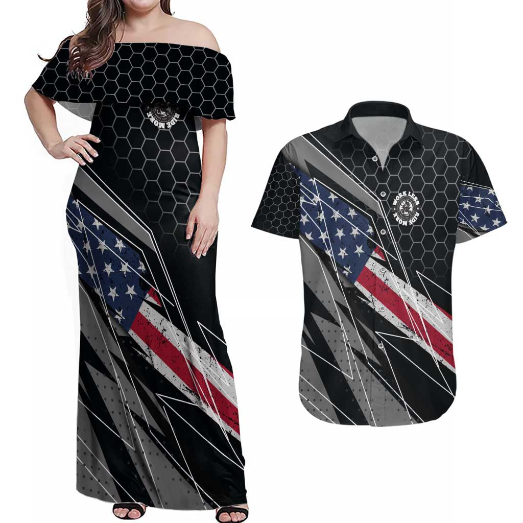 Custom American Flag Racing Couples Matching Off Shoulder Maxi Dress and Hawaiian Shirt Dirt Bike Motocross Racewear Hexagon and Lightning - Wonder Print Shop