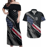 Custom American Flag Racing Couples Matching Off Shoulder Maxi Dress and Hawaiian Shirt Dirt Bike Motocross Racewear Hexagon and Lightning - Wonder Print Shop