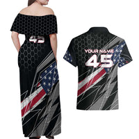 Custom American Flag Racing Couples Matching Off Shoulder Maxi Dress and Hawaiian Shirt Dirt Bike Motocross Racewear Hexagon and Lightning - Wonder Print Shop
