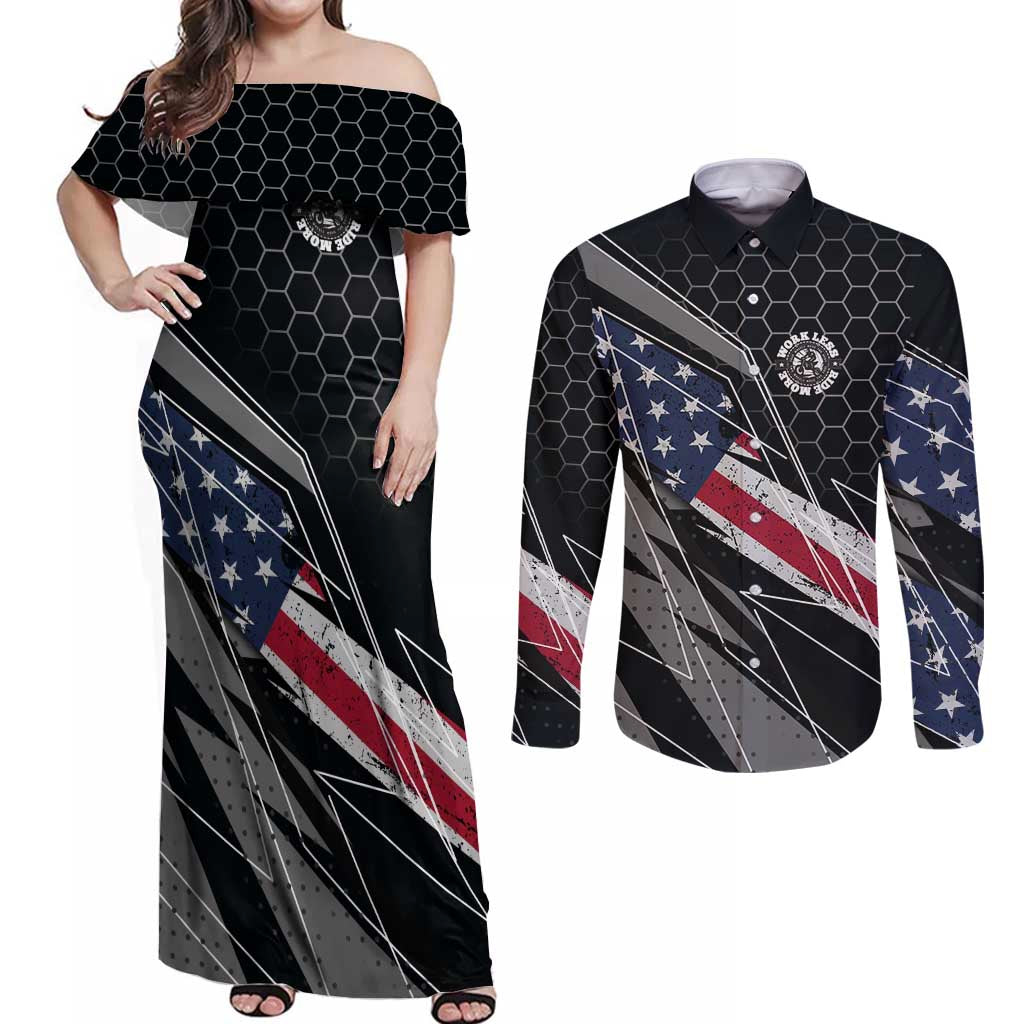 Custom American Flag Racing Couples Matching Off Shoulder Maxi Dress and Long Sleeve Button Shirt Dirt Bike Motocross Racewear Hexagon and Lightning - Wonder Print Shop