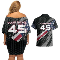Custom American Flag Racing Couples Matching Off Shoulder Short Dress and Hawaiian Shirt Dirt Bike Motocross Racewear Hexagon and Lightning - Wonder Print Shop