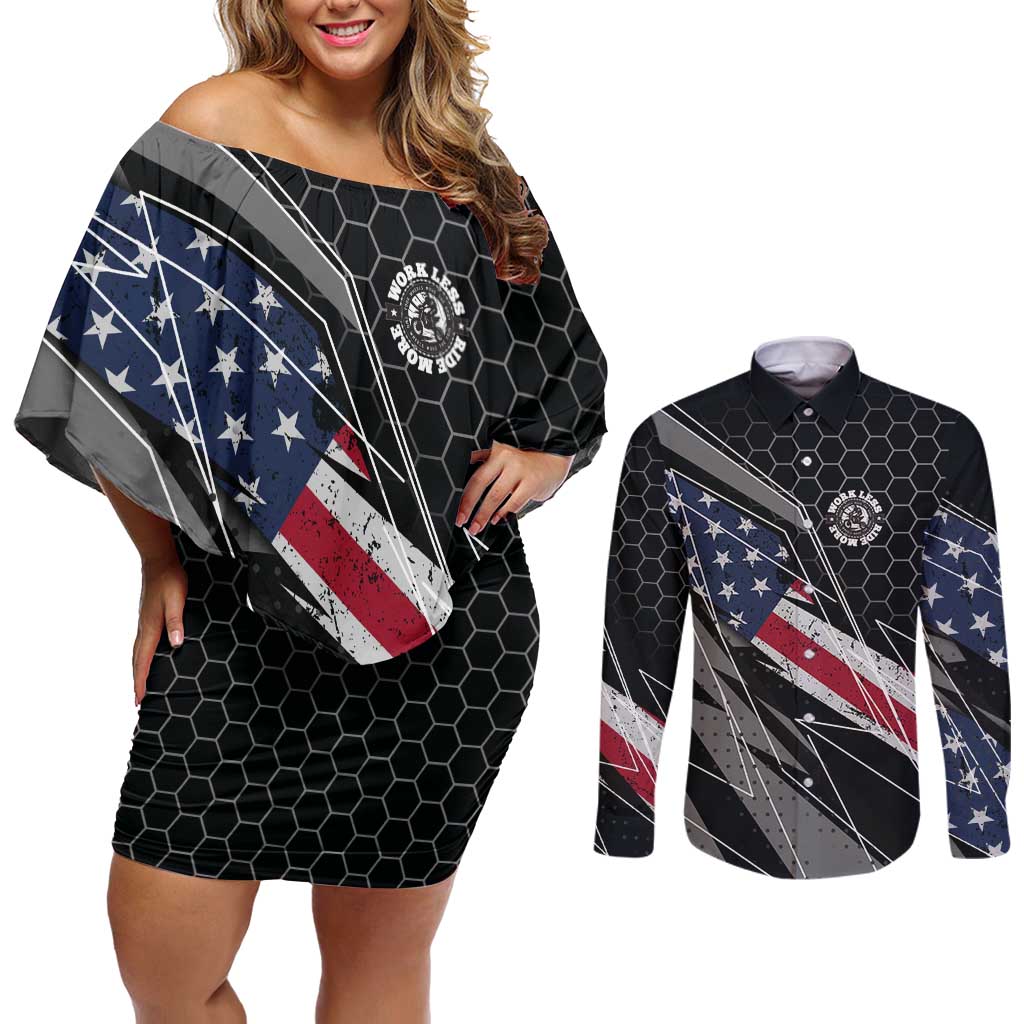 Custom American Flag Racing Couples Matching Off Shoulder Short Dress and Long Sleeve Button Shirt Dirt Bike Motocross Racewear Hexagon and Lightning - Wonder Print Shop