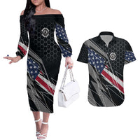 Custom American Flag Racing Couples Matching Off The Shoulder Long Sleeve Dress and Hawaiian Shirt Dirt Bike Motocross Racewear Hexagon and Lightning - Wonder Print Shop