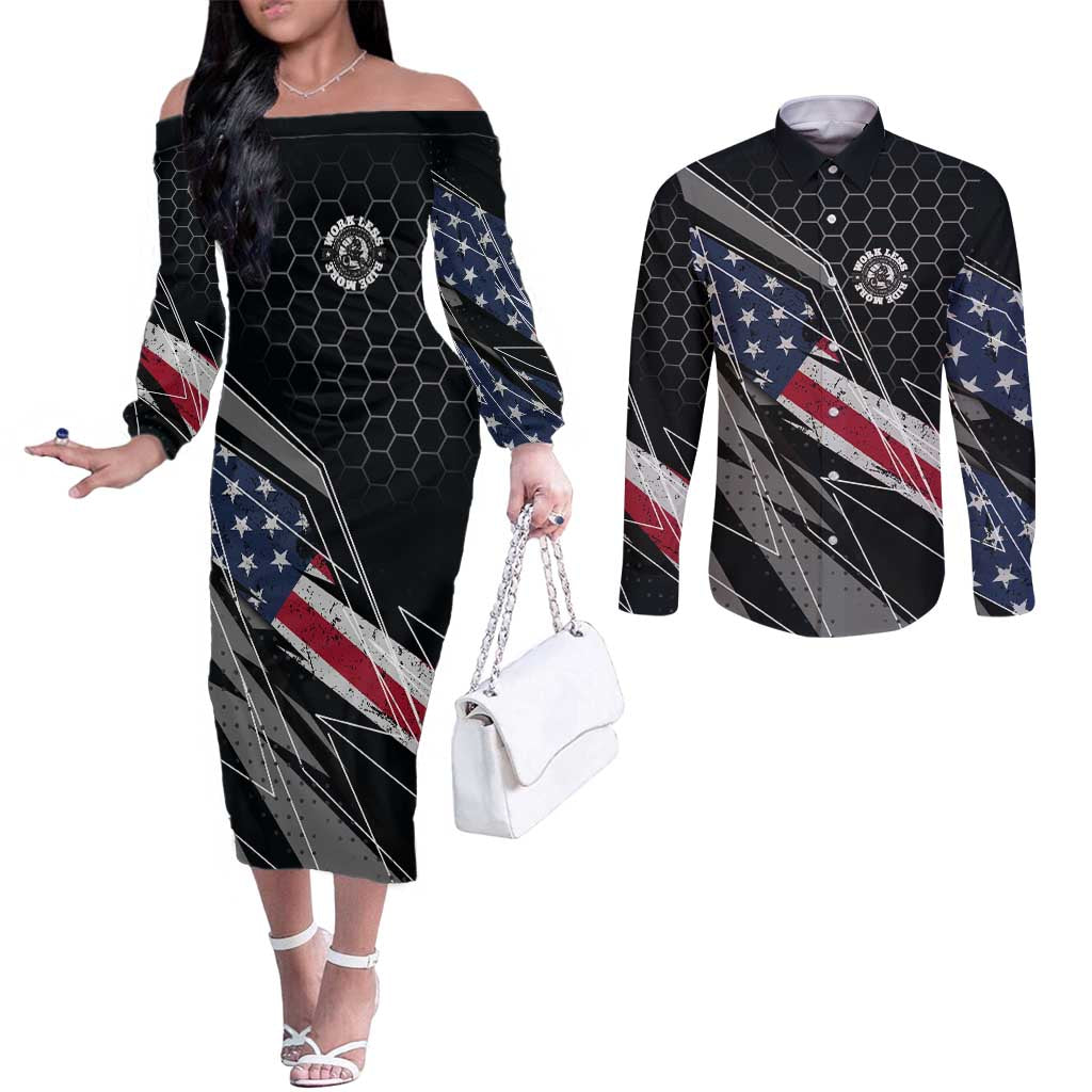 Custom American Flag Racing Couples Matching Off The Shoulder Long Sleeve Dress and Long Sleeve Button Shirt Dirt Bike Motocross Racewear Hexagon and Lightning - Wonder Print Shop