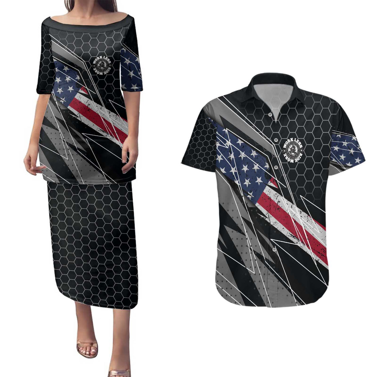 Custom American Flag Racing Couples Matching Puletasi and Hawaiian Shirt Dirt Bike Motocross Racewear Hexagon and Lightning - Wonder Print Shop
