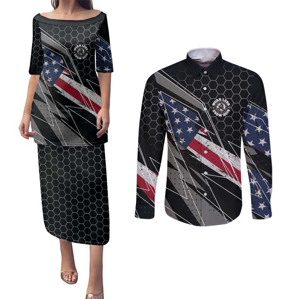 Custom American Flag Racing Couples Matching Puletasi and Long Sleeve Button Shirt Dirt Bike Motocross Racewear Hexagon and Lightning - Wonder Print Shop