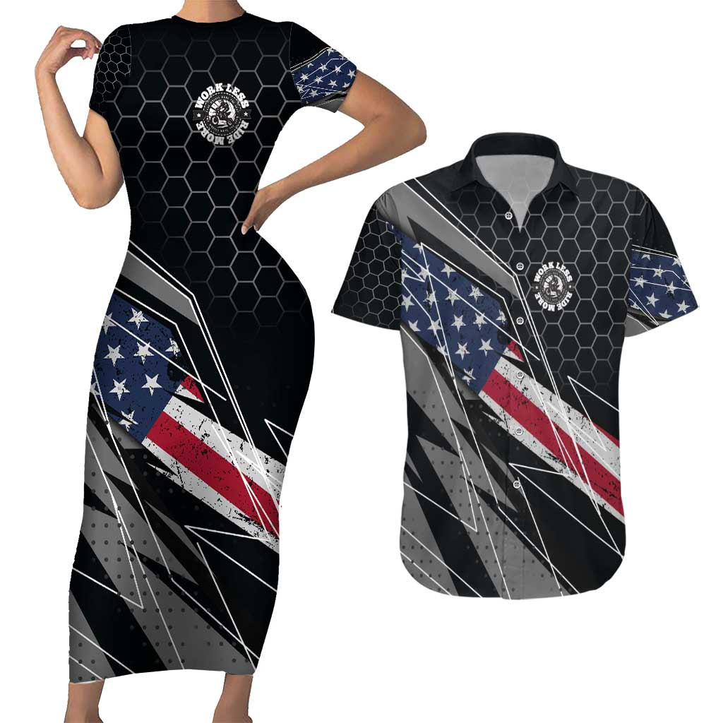 Custom American Flag Racing Couples Matching Short Sleeve Bodycon Dress and Hawaiian Shirt Dirt Bike Motocross Racewear Hexagon and Lightning - Wonder Print Shop