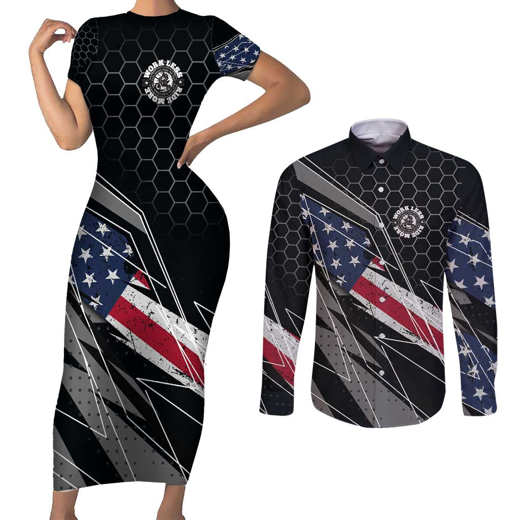 Custom American Flag Racing Couples Matching Short Sleeve Bodycon Dress and Long Sleeve Button Shirt Dirt Bike Motocross Racewear Hexagon and Lightning - Wonder Print Shop