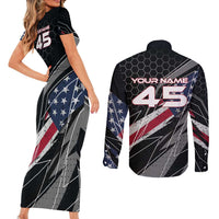 Custom American Flag Racing Couples Matching Short Sleeve Bodycon Dress and Long Sleeve Button Shirt Dirt Bike Motocross Racewear Hexagon and Lightning - Wonder Print Shop