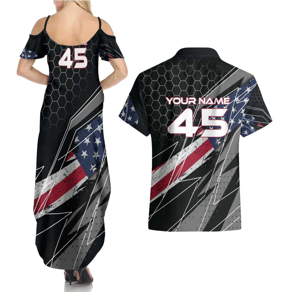 Custom American Flag Racing Couples Matching Summer Maxi Dress and Hawaiian Shirt Dirt Bike Motocross Racewear Hexagon and Lightning - Wonder Print Shop