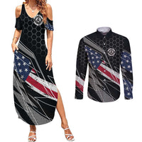 Custom American Flag Racing Couples Matching Summer Maxi Dress and Long Sleeve Button Shirt Dirt Bike Motocross Racewear Hexagon and Lightning - Wonder Print Shop