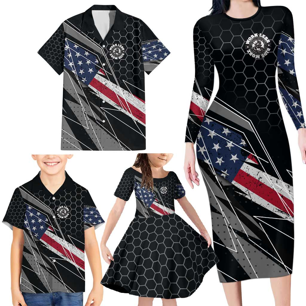 Custom American Flag Racing Family Matching Long Sleeve Bodycon Dress and Hawaiian Shirt Dirt Bike Motocross Racewear Hexagon and Lightning - Wonder Print Shop