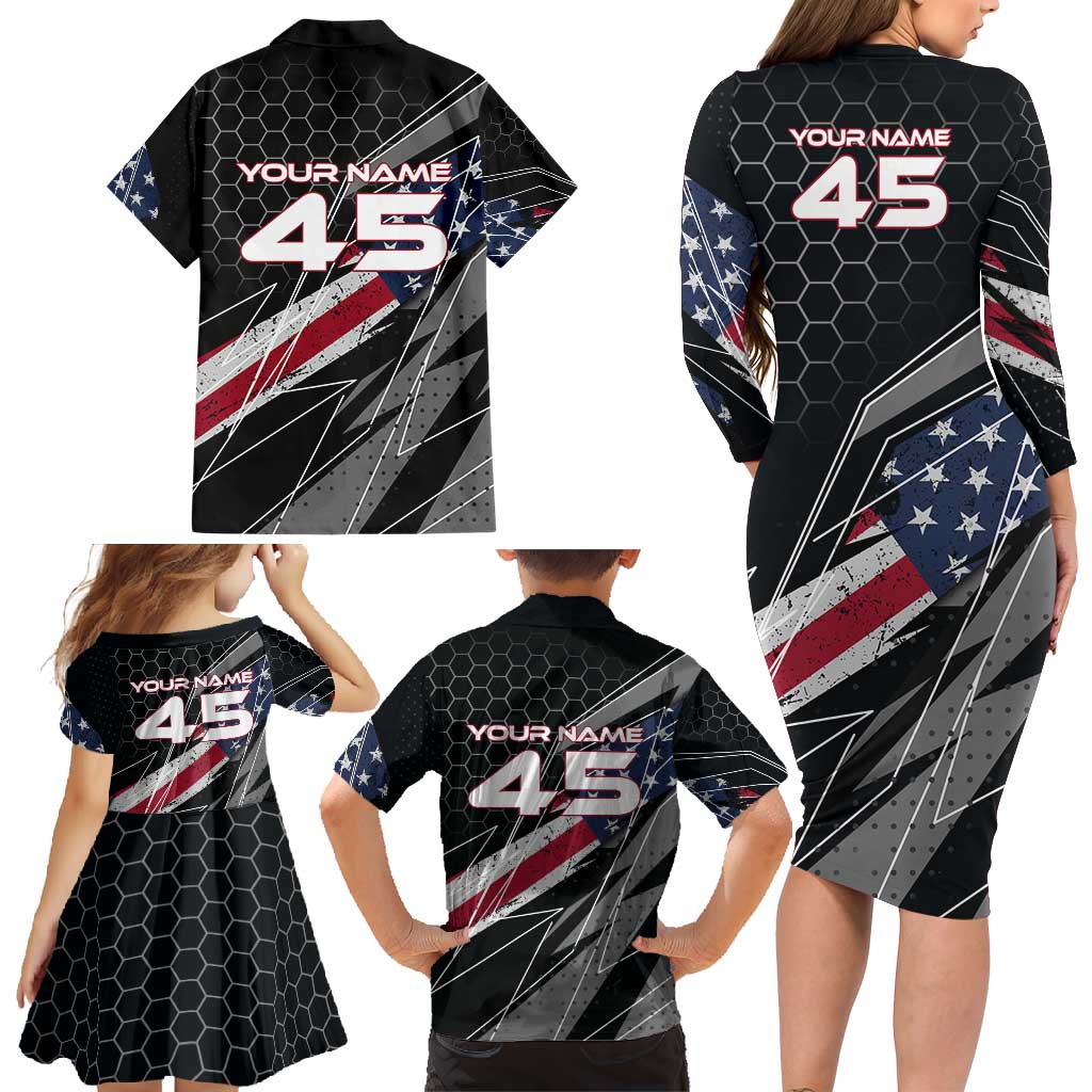 Custom American Flag Racing Family Matching Long Sleeve Bodycon Dress and Hawaiian Shirt Dirt Bike Motocross Racewear Hexagon and Lightning - Wonder Print Shop