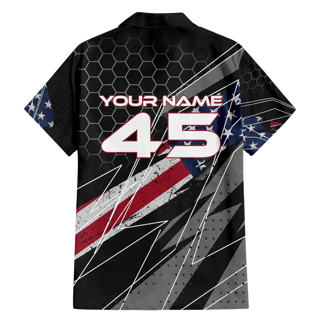 Custom American Flag Racing Family Matching Long Sleeve Bodycon Dress and Hawaiian Shirt Dirt Bike Motocross Racewear Hexagon and Lightning - Wonder Print Shop