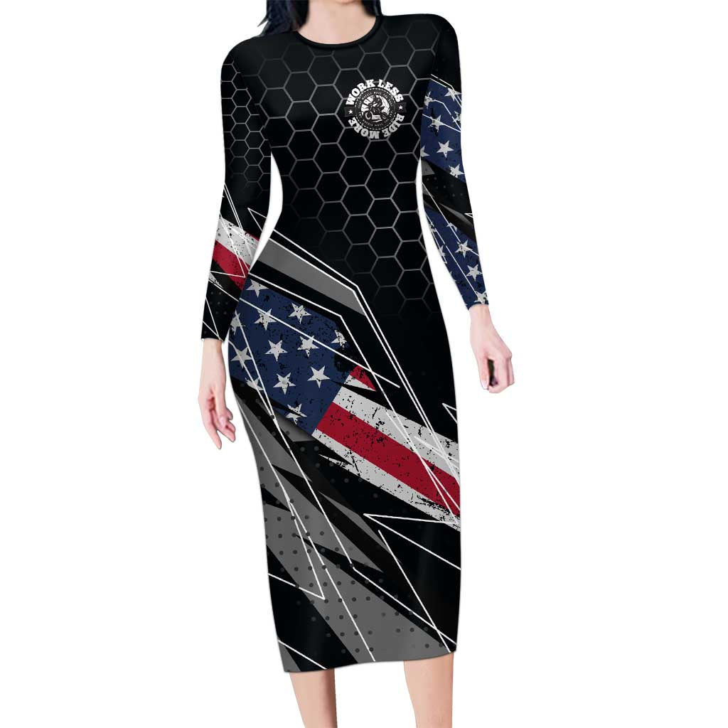 Custom American Flag Racing Family Matching Long Sleeve Bodycon Dress and Hawaiian Shirt Dirt Bike Motocross Racewear Hexagon and Lightning - Wonder Print Shop
