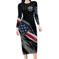 Custom American Flag Racing Family Matching Long Sleeve Bodycon Dress and Hawaiian Shirt Dirt Bike Motocross Racewear Hexagon and Lightning - Wonder Print Shop