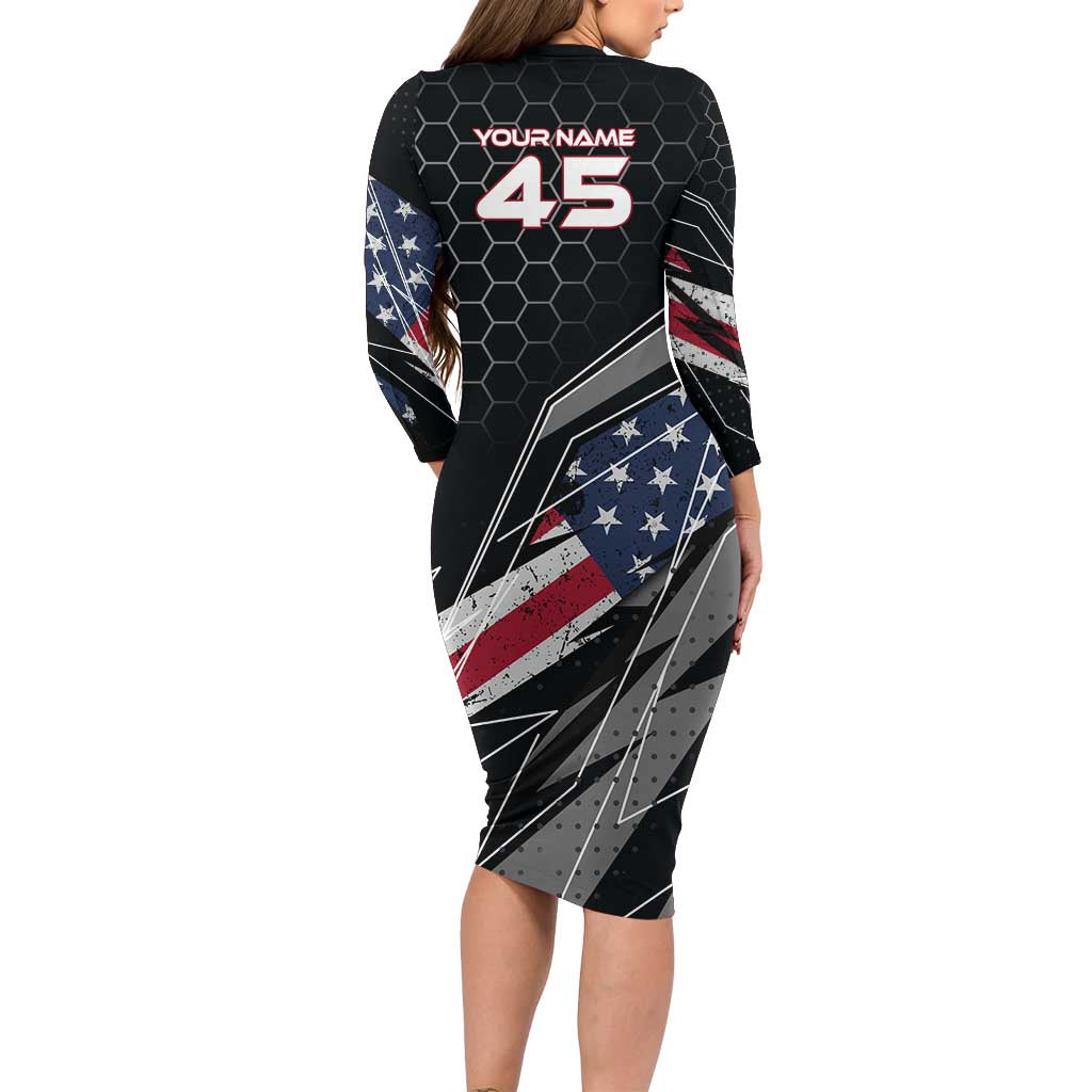 Custom American Flag Racing Family Matching Long Sleeve Bodycon Dress and Hawaiian Shirt Dirt Bike Motocross Racewear Hexagon and Lightning - Wonder Print Shop