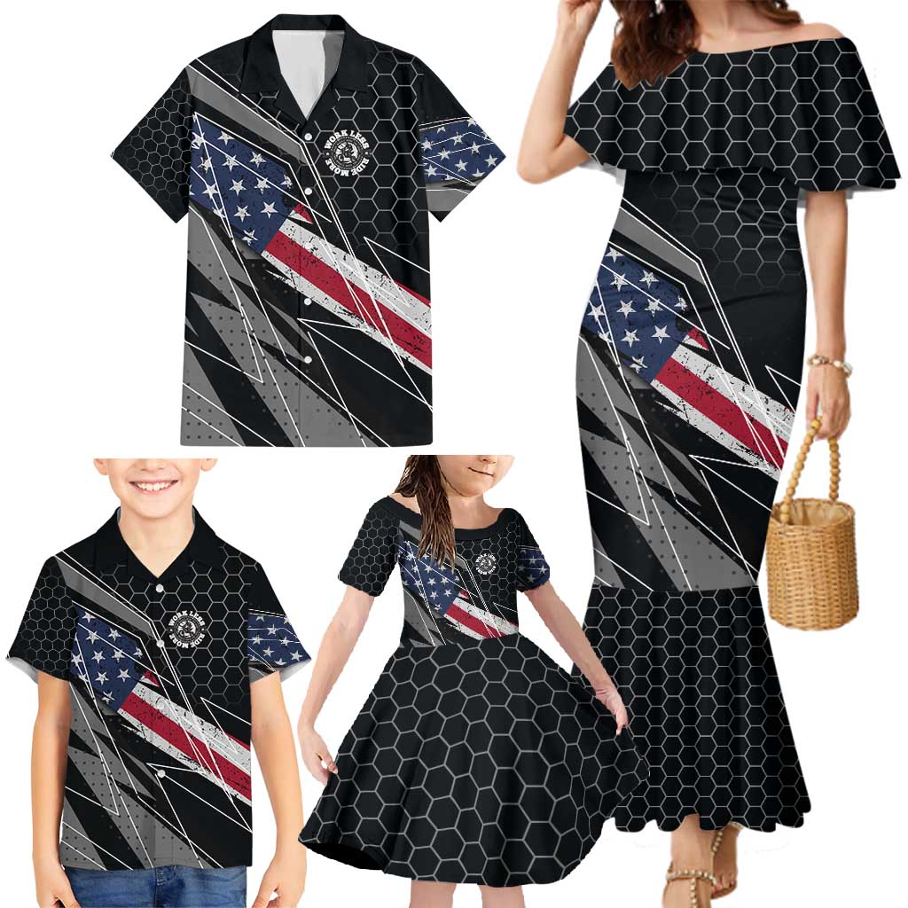 Custom American Flag Racing Family Matching Mermaid Dress and Hawaiian Shirt Dirt Bike Motocross Racewear Hexagon and Lightning - Wonder Print Shop