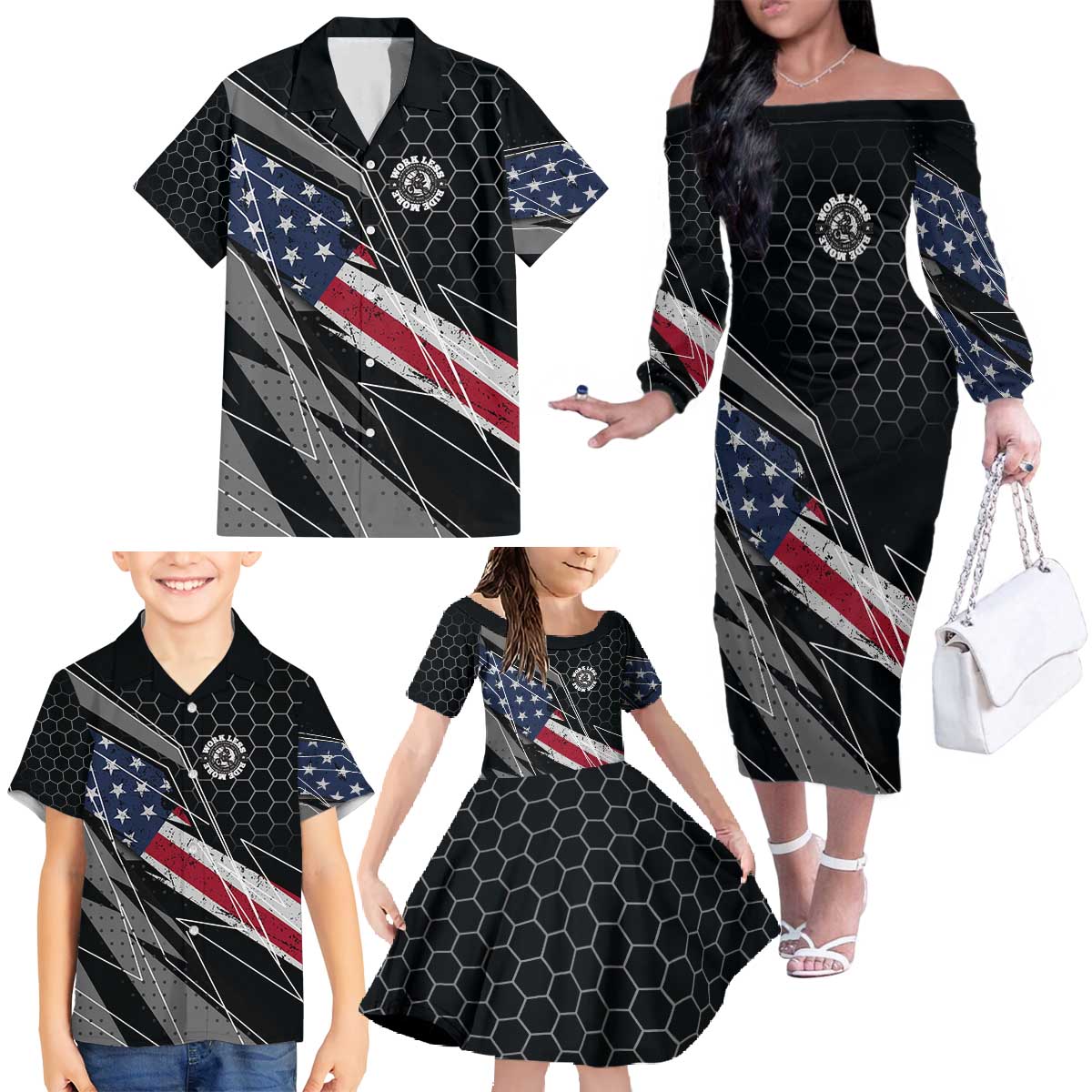 Custom American Flag Racing Family Matching Off The Shoulder Long Sleeve Dress and Hawaiian Shirt Dirt Bike Motocross Racewear Hexagon and Lightning - Wonder Print Shop