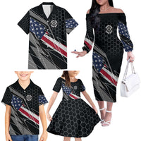 Custom American Flag Racing Family Matching Off The Shoulder Long Sleeve Dress and Hawaiian Shirt Dirt Bike Motocross Racewear Hexagon and Lightning - Wonder Print Shop
