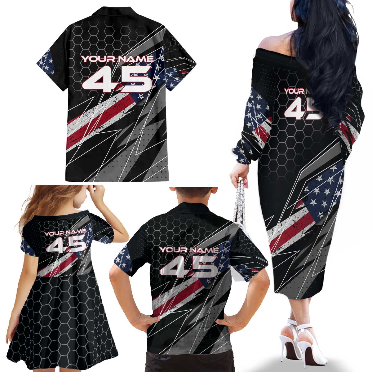 Custom American Flag Racing Family Matching Off The Shoulder Long Sleeve Dress and Hawaiian Shirt Dirt Bike Motocross Racewear Hexagon and Lightning - Wonder Print Shop
