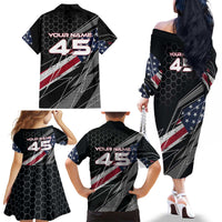 Custom American Flag Racing Family Matching Off The Shoulder Long Sleeve Dress and Hawaiian Shirt Dirt Bike Motocross Racewear Hexagon and Lightning - Wonder Print Shop
