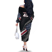 Custom American Flag Racing Family Matching Off The Shoulder Long Sleeve Dress and Hawaiian Shirt Dirt Bike Motocross Racewear Hexagon and Lightning - Wonder Print Shop