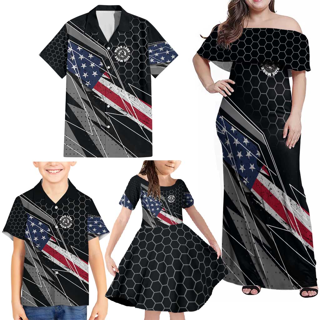 Custom American Flag Racing Family Matching Off Shoulder Maxi Dress and Hawaiian Shirt Dirt Bike Motocross Racewear Hexagon and Lightning - Wonder Print Shop