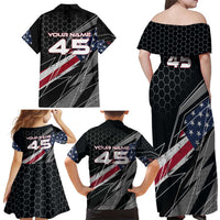 Custom American Flag Racing Family Matching Off Shoulder Maxi Dress and Hawaiian Shirt Dirt Bike Motocross Racewear Hexagon and Lightning - Wonder Print Shop