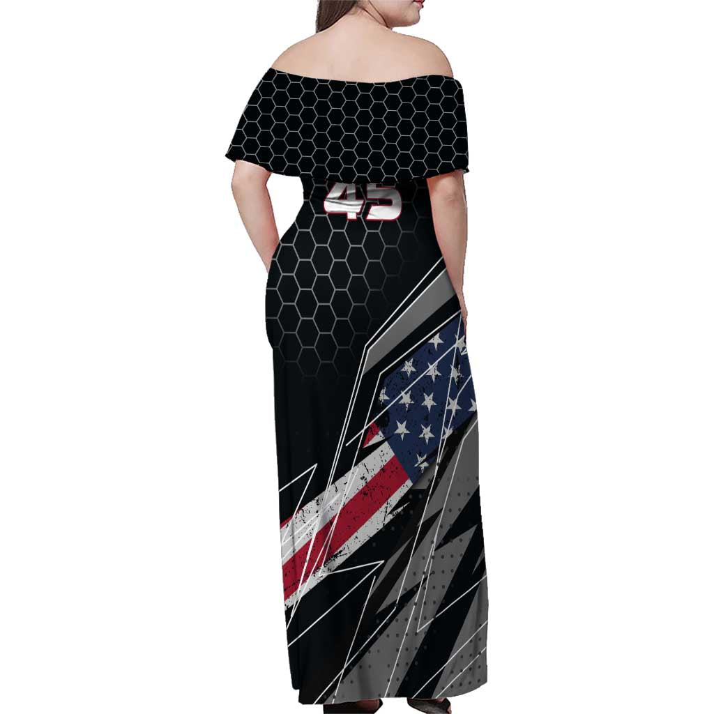 Custom American Flag Racing Family Matching Off Shoulder Maxi Dress and Hawaiian Shirt Dirt Bike Motocross Racewear Hexagon and Lightning - Wonder Print Shop