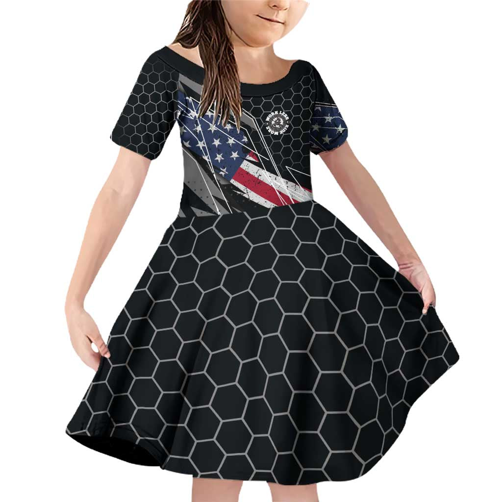 Custom American Flag Racing Family Matching Off Shoulder Short Dress and Hawaiian Shirt Dirt Bike Motocross Racewear Hexagon and Lightning - Wonder Print Shop
