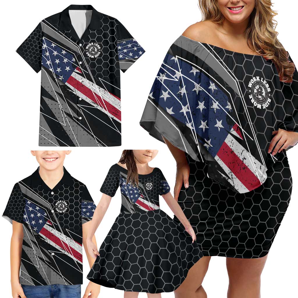 Custom American Flag Racing Family Matching Off Shoulder Short Dress and Hawaiian Shirt Dirt Bike Motocross Racewear Hexagon and Lightning - Wonder Print Shop