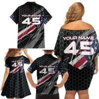 Custom American Flag Racing Family Matching Off Shoulder Short Dress and Hawaiian Shirt Dirt Bike Motocross Racewear Hexagon and Lightning - Wonder Print Shop