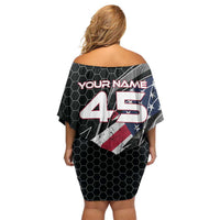 Custom American Flag Racing Family Matching Off Shoulder Short Dress and Hawaiian Shirt Dirt Bike Motocross Racewear Hexagon and Lightning - Wonder Print Shop