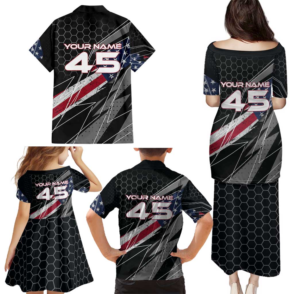 Custom American Flag Racing Family Matching Puletasi and Hawaiian Shirt Dirt Bike Motocross Racewear Hexagon and Lightning - Wonder Print Shop